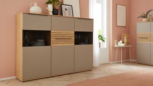 Highboard Interliving aus Holz in Grau Interliving Wohnzimmer Serie 2032 - Highboard B18070 Grau & Balkenbuche - drei Türen, Breite ca. 180 cm