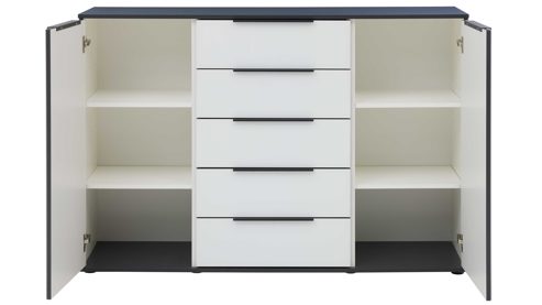 Kombikommode Interliving aus Holz in Hellgrau Interliving Schlafzimmer Serie 1210 – Kommode Seidengrau & Basalt - zwei Türen, fünf Schubladen, Breite ca. 151 cm