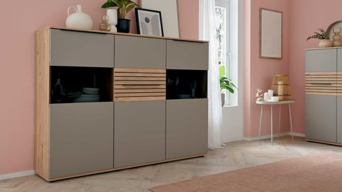 Highboard Interliving aus Holz in Grau Interliving Wohnzimmer Serie 2032 - Highboard B18070 Grau & Balkenbuche - drei Türen, Breite ca. 180 cm