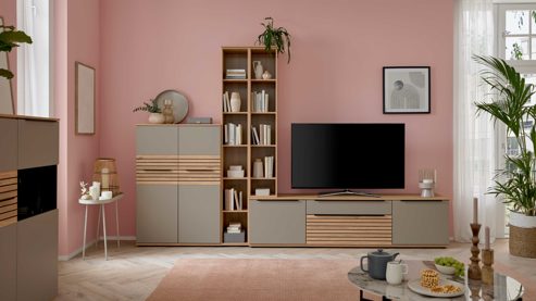 Wohnwand Interliving aus Holz in Grau Interliving Wohnzimmer Serie 2032 - Wohnwand EB31503 Grau & Balkenbuche - Länge ca. 315 cm
