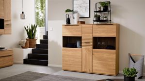 Highboard Interliving aus Holz in Holzfarben Interliving Wohnzimmer Serie 2032 - Highboard mit Apothekerauszug Risseiche - zwei Türen, drei Schubladen, Breite ca. 150 cm