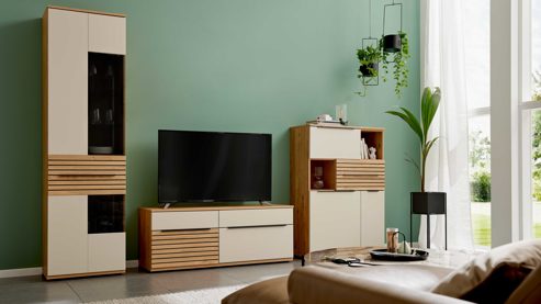 Wohnwand Interliving aus Holz in Beige Interliving Wohnzimmer Serie 2032 - Wohnwand EB31501 Sandbeige & Risseiche - Länge ca. 315 cm