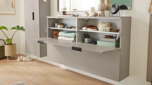 Garderoben-Set Interliving aus Holz in Hellgrau Interliving Garderobe Serie 6012 - Garderoben-Set graubeiger Mattlack - fünfteilig