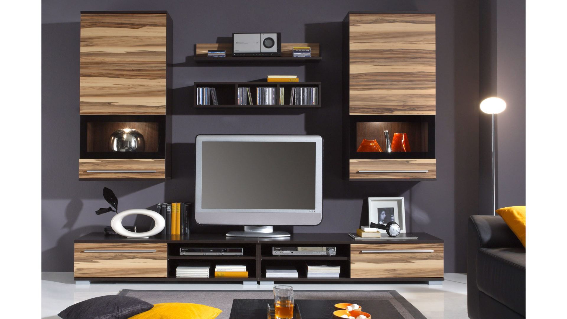 Wohnwand Easyfurn aus Holz Nachbildung in Holzfarben Dunkel Braun Wohnwand JAZZ inkl. 2 Vitrinen Baltimore Walnut J7.955.78, Korpus Wenge, Nachb., Front Baltimor Walnut, Nachb., Glasrahmen Lack Schwarz