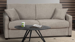 Schlafsofa Matex aus Stoff in Beige Funktionssofa beiger Flockbezug & wengefarbige Holzfüße - Breite ca. 185 cm