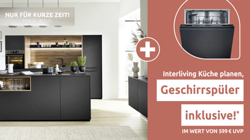 Einbauküche Interliving aus Holz in Schwarz Interliving Küche Serie 3055 mit AEG Einbaugeräten Mattschwarz & Vulkaneiche  - dreizeilig