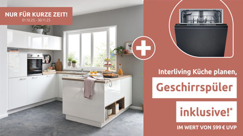 Einbauküche Interliving aus Holz in Weiß Interliving Küche Serie 3081 mit privileg Einbaugeräten Hochglanz Weiß & Natureiche - Stellfläche ca. 250 x 269 cm