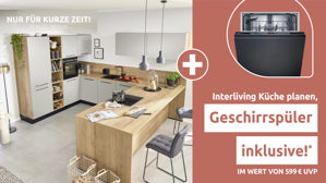 Einbauküche Interliving aus Holz in Grau Interliving Küche Serie 3086 mit SIEMENS-Einbaugeräten Platingrau & Eiche Ventura – Stellfläche ca. 350 x 278 cm