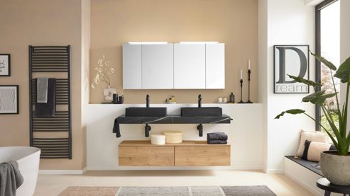 Badmöbel-Set Interliving aus Holz in Schwarz Interliving Bad Serie 7198 – Badmöbel-Set mit Extras Eiche Sierra & Marmor Venato Nero