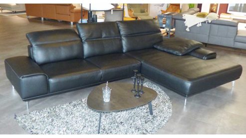 Ecksofa W.schillig aus Leder Metall in Schwarz Musterring Eckkombination MR 2490, Polstergarnitur Leder Black Pearl, Metallfüße Chrom – Stellfläche ca. 342 x 207 cm