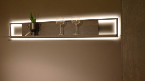 Wohnwand Interliving aus Furnier Glas Holz Metall in Hellgrau Dunkelgrau Interliving Wohnwand Serie 2107, Wohnkombination 256 Quarzgrau, Eiche flamed Wood – vierteilig, Breite ca. 256 cm