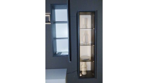 Wohnwand Interliving aus Furnier Glas Holz Metall in Hellgrau Dunkelgrau Interliving Wohnwand Serie 2107, Wohnkombination 256 Quarzgrau, Eiche flamed Wood – vierteilig, Breite ca. 256 cm